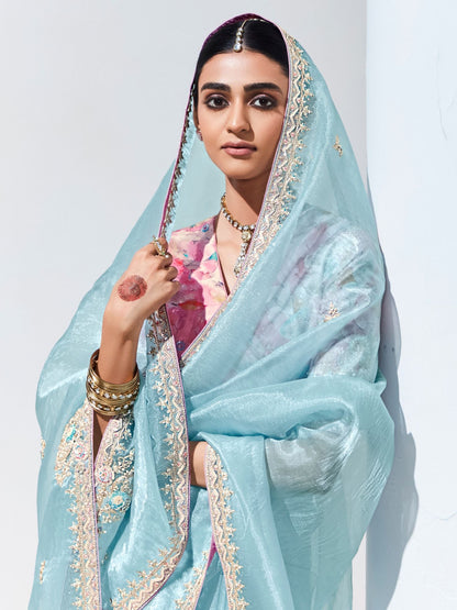 Dhiyona KM Women Sky Blue Silk Saree With Floral Blouse “ A Dreamy Ethnic Attire