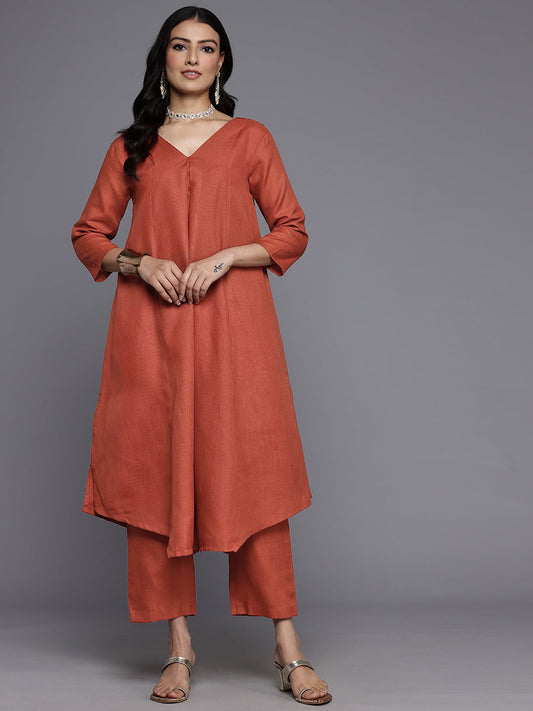Dhiyona VR Women's Orange Solid A-Line Kurta Paired With Tonal Bottom