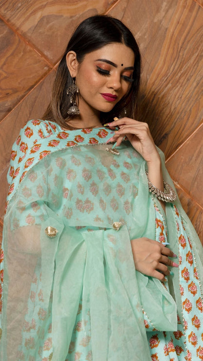 Lilly Of Valley Hand Block Anarkali Set