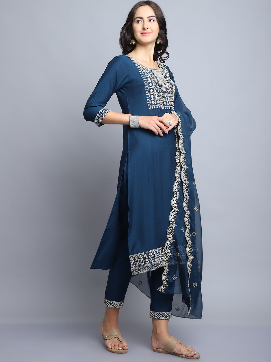 Women Navy Blue Embroidery silk Kurta And Pant Set With Dupatta