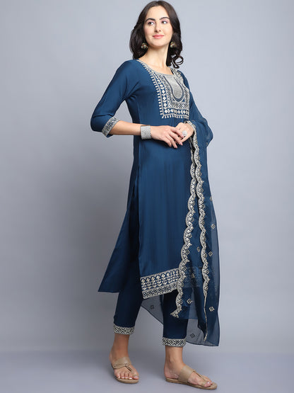 Women Navy Blue Embroidery silk Kurta And Pant Set With Dupatta