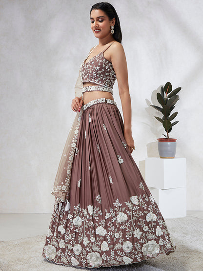 Women Rose gold Pure Georgette Sequins and thread embroidery  Lehenga choli & Dupatta