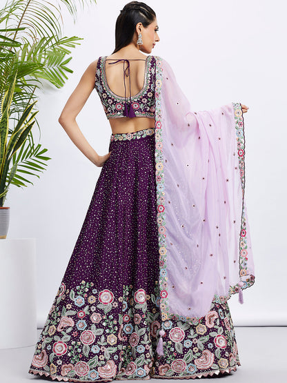 Women Purple Pure Chiffon Sequins and thread embroidery  Lehenga choli & Dupatta