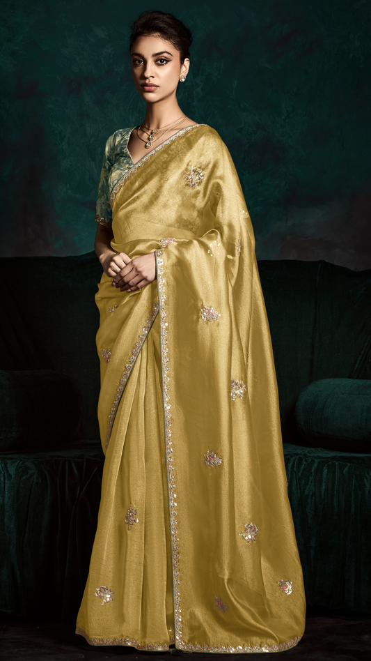 Dhiyona KM Women Golden Organza Silk Saree With Unstitched Floral Printed Blouse Fabric