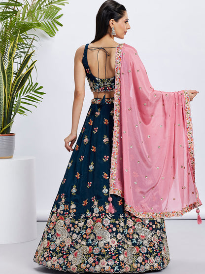 Women Navy blue Organza Sequins and thread embroidery  Lehenga choli & Dupatta