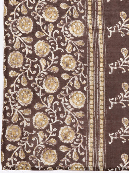 Dhiyona VR Women's Brown Floral Printed Kurta Paired With Bottom & Dupatta