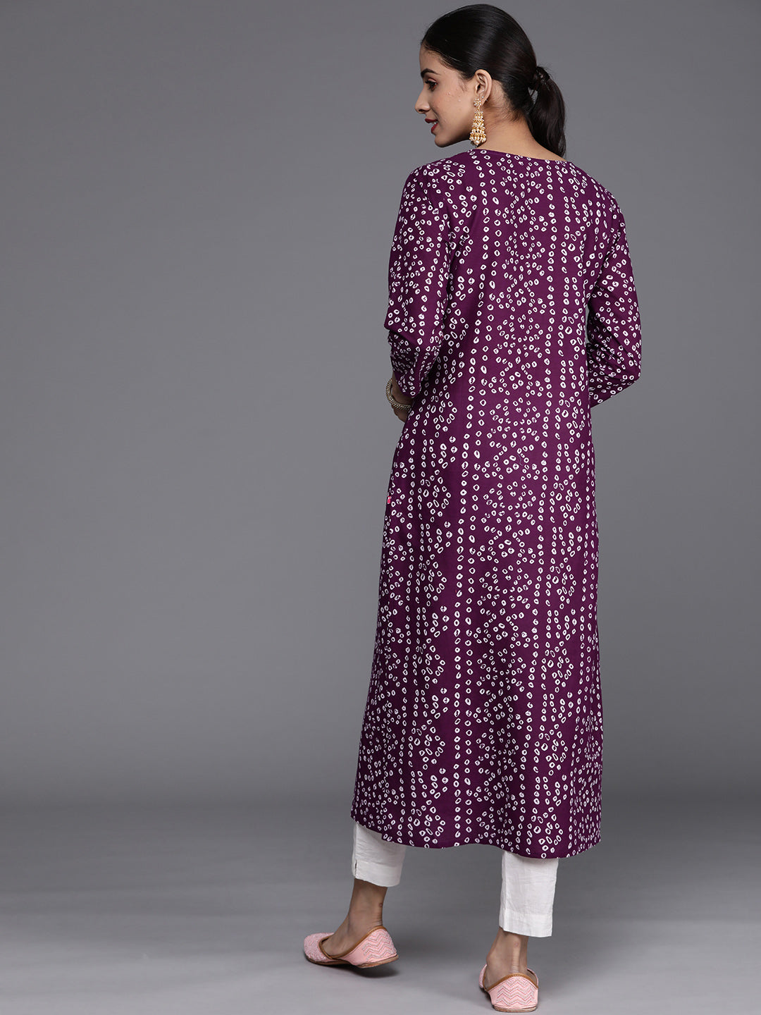 Dhiyona VR Women's Purple & White Bandhani Printed Pure Cotton Kurta