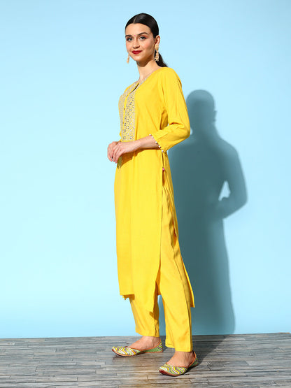 Dhiyona VR Women's Yellow Embroidered Kurta With Trouser And Embroidered Dupatta