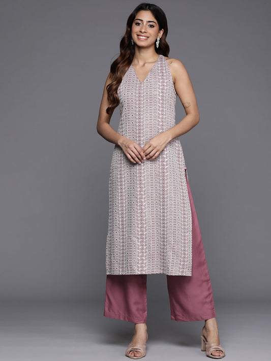 Dhiyona VR Women's Mauve Woven Design Sleeveless Kurta, Paired With Solid Bottom