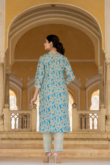 Dhiyona VR Women's Blue Round Neck Floral Printed Embroidered Kurta Paired With Bottom And Dupatta