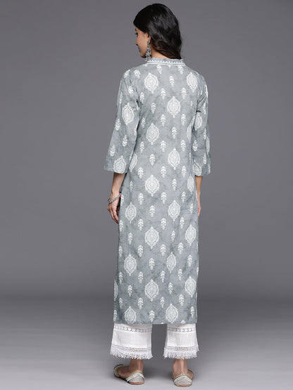 Dhiyona VR Women's Grey 3/4Th Sleeve, V Neck Collared Kurta