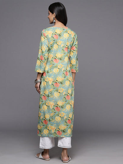 Dhiyona VR Women's Sea Green Floral Printed Mirror And Thread Embroidered Straight Kurta With Thtree Quarter Sleeves