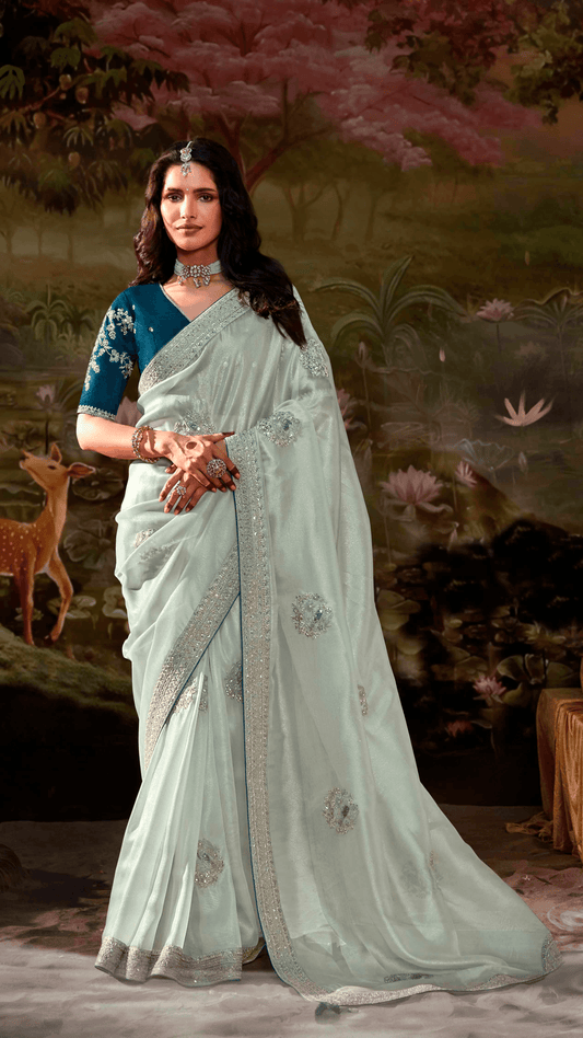 Dhiyona KM Women Sea Green Glass Tissue Organza Saree
