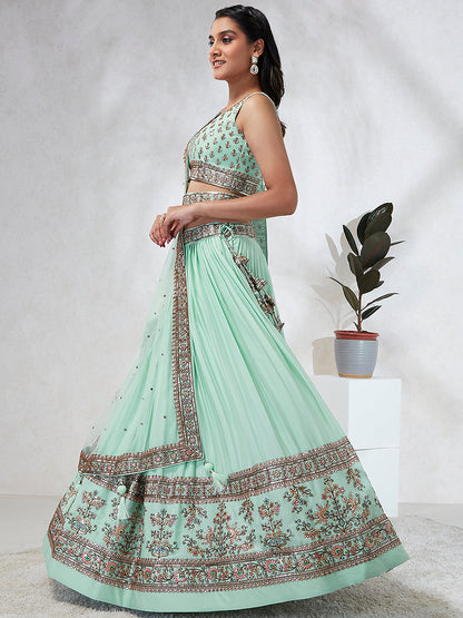 Women Sea Green Georgette Sequins and thread embroidery  Lehenga choli & Dupatta