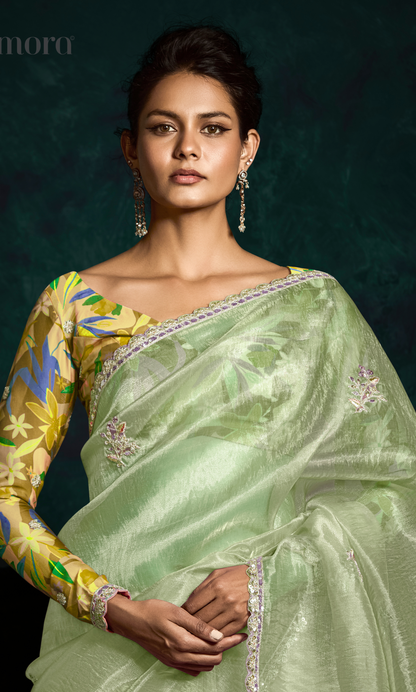 Dhiyona KM Women See Green Designer Organza Saree  “ A Blush Of Elegance