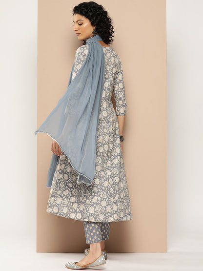 Dhiyona VR Women's Grey Floral Printed Anarkali Kurta Paired With Printed Bottom And Solid Chiffon Dupatta