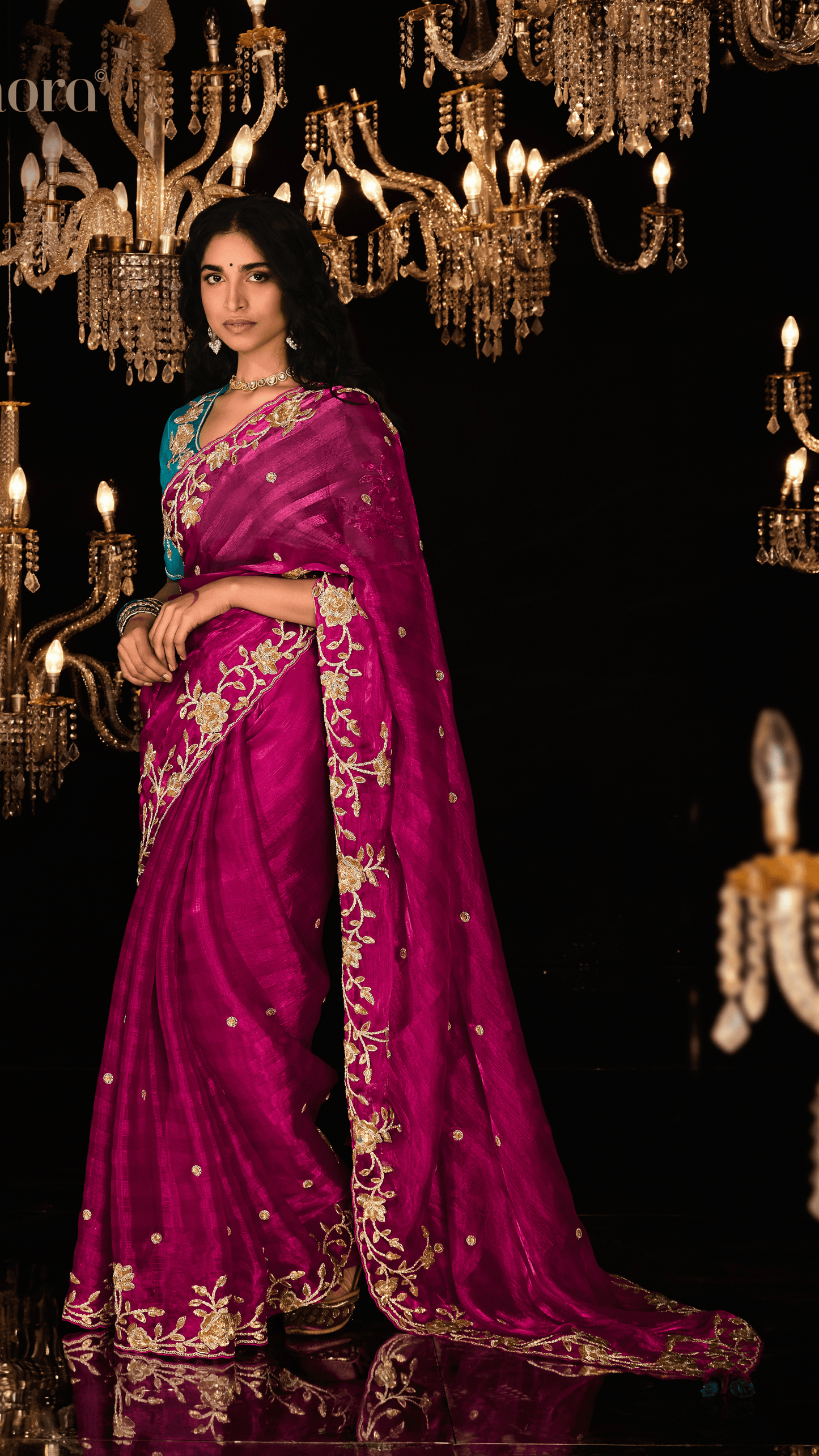 Dhiyona KM Women Red Hand-Embroidered Saree With Teal Blouse