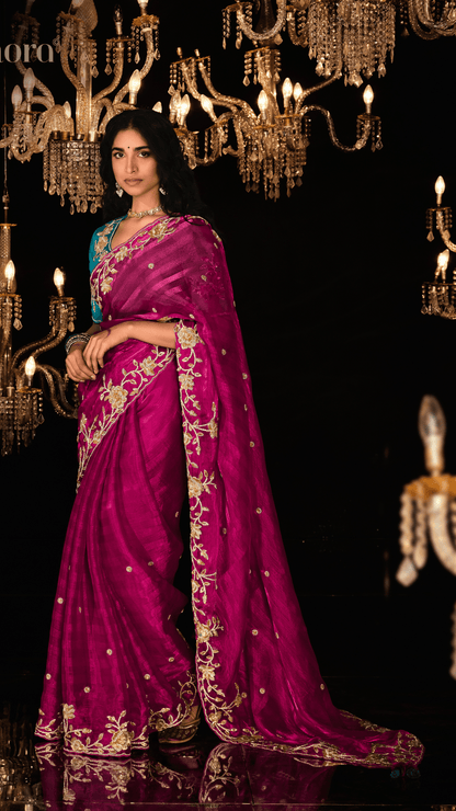 Dhiyona KM Women Red Hand-Embroidered Saree With Teal Blouse