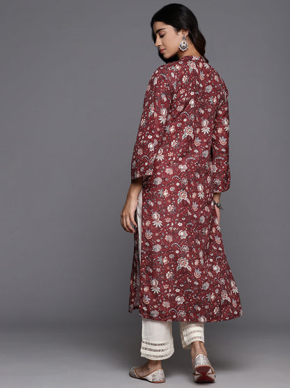 Dhiyona VR Women's Maroon Floral Printed Straight Kurta With Flared Sleeves