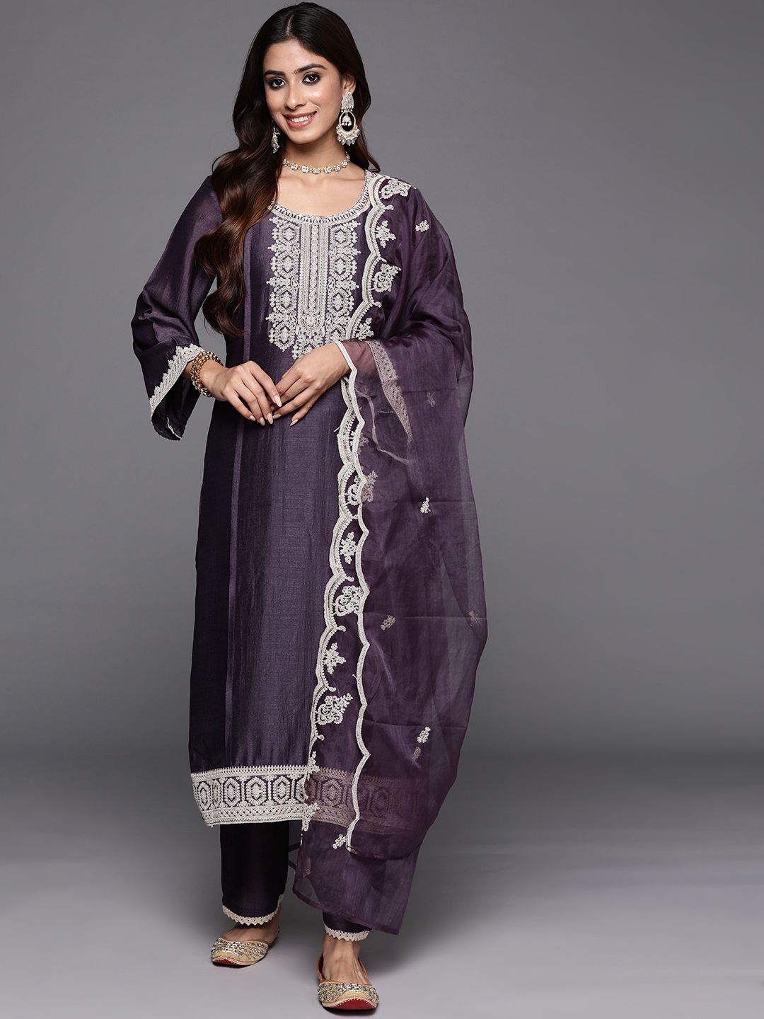 Women Ethnic Motifs Embroidered Regular Sequined Kurta with Trousers & Dupatta