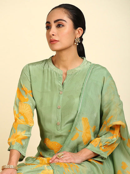 Dhiyona SO Women's Floral Printed Straight Sequinned Kurta With Palazzos & Dupatta