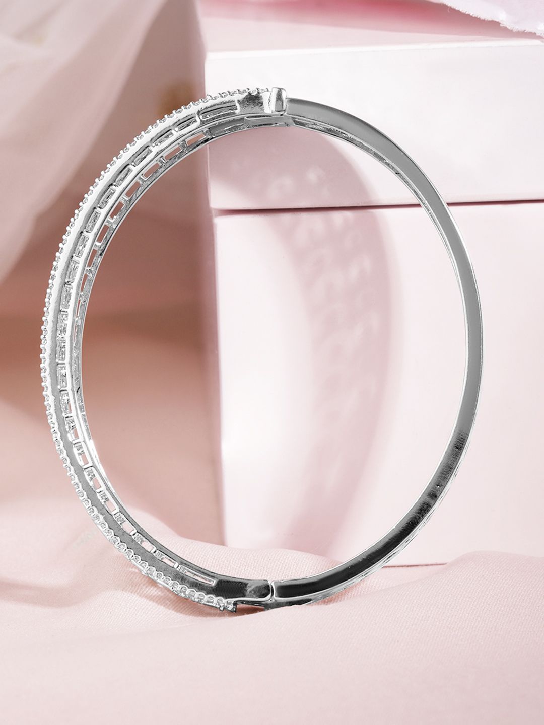 Dhiyona RJ Women's Rhodium Plated Silver Tone Cubic Zirconia Studed Flower Design Bangle Style Bracelet