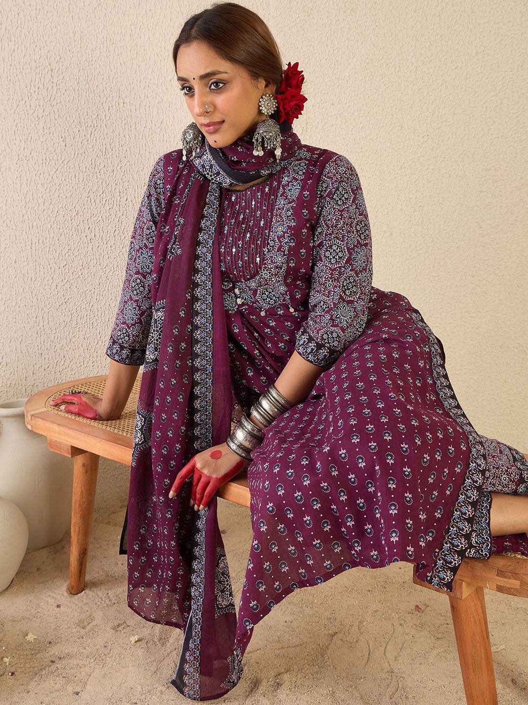 Women Ethnic Motifs Printed Pure Cotton Kurta with Trousers & Dupatta Kurta Sets