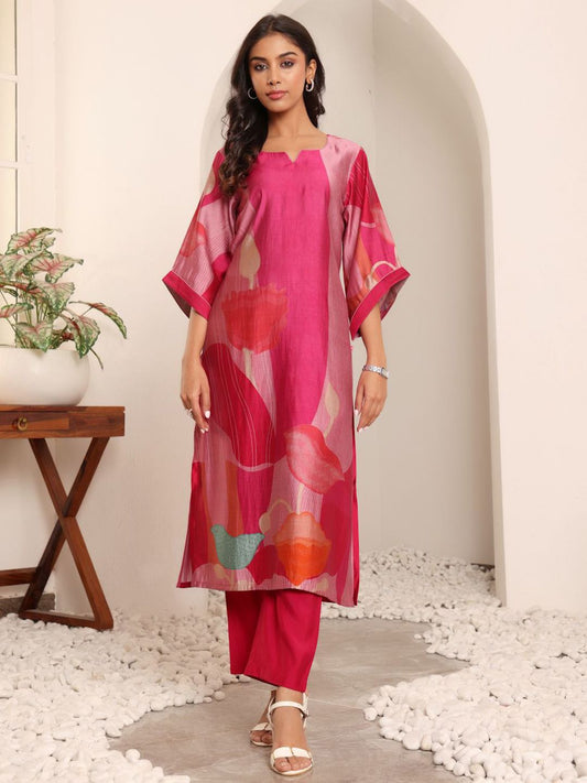 Dhiyona VA Women'sAbstract Printed Notch Neck Chanderi Silk Straight Kurta With Trousers
