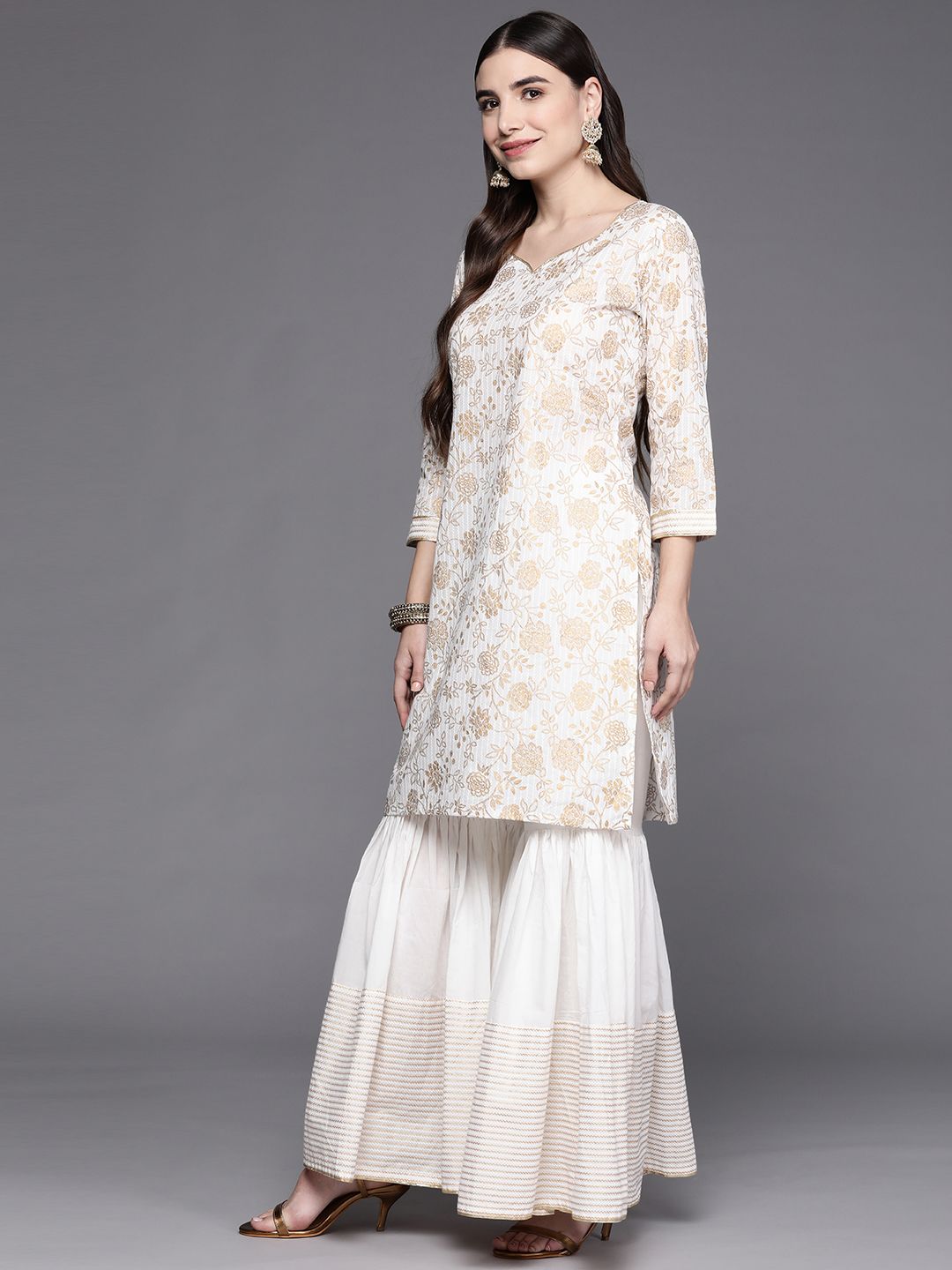 Dhiyona IE Women Off White Floral Printed Gotta Patti Kurta with Sharara & With Dupatta