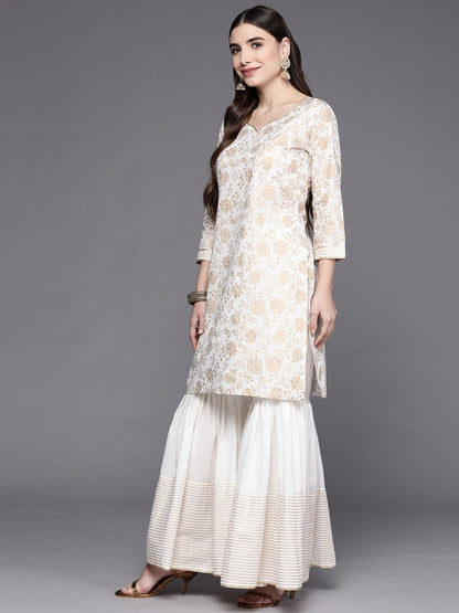 Dhiyona IE Women Off White Floral Printed Gotta Patti Kurta with Sharara & With Dupatta