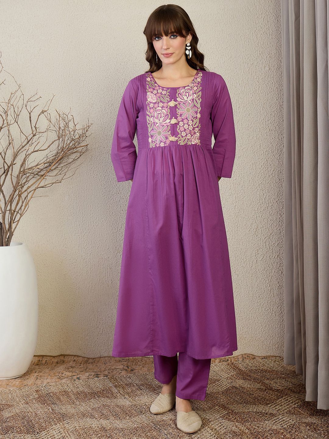 Floral Embroidered Thread Work Pure Cotton A-Line Kurta With Trousers