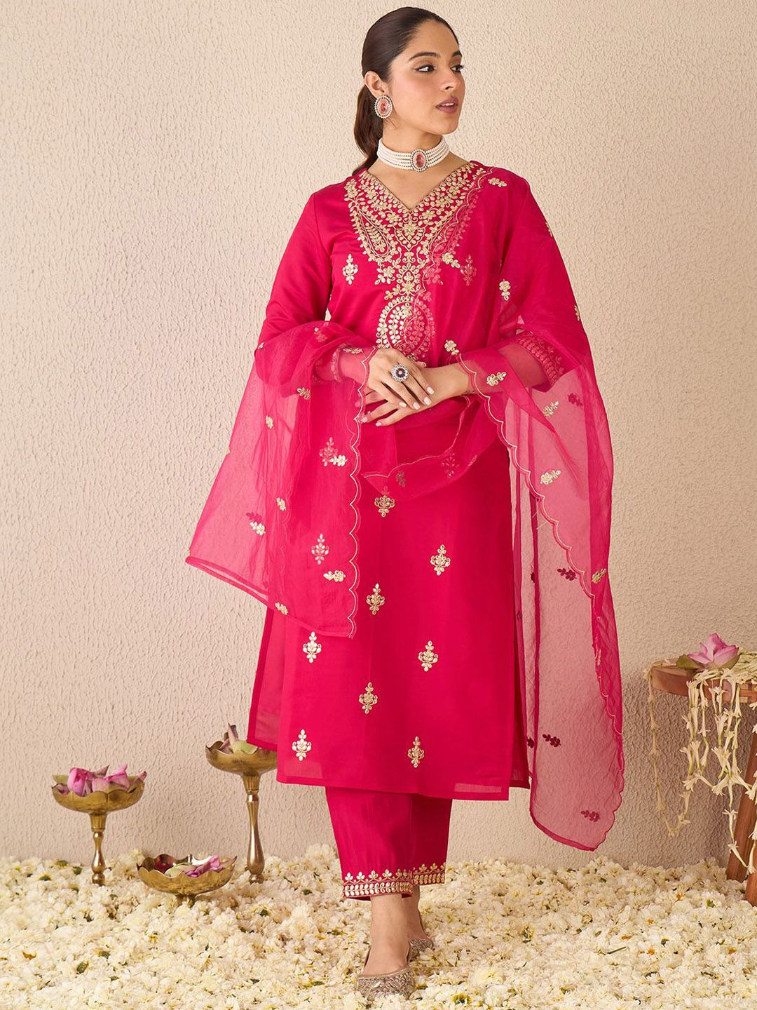 Embroidered Gotta Patti Work V Neck Kurta With Trousers & Dupatta