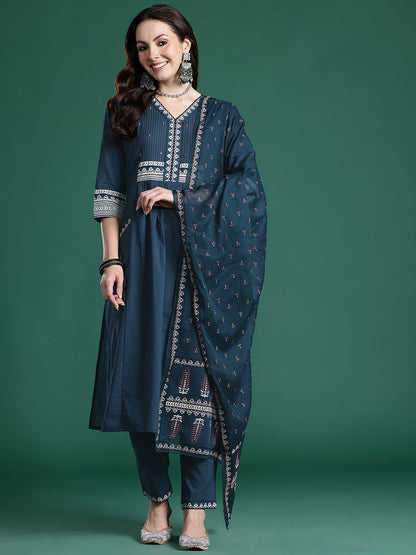 Ethnic Motifs Printed Sequinned Pure Cotton Kurta with Trousers & With Dupatta