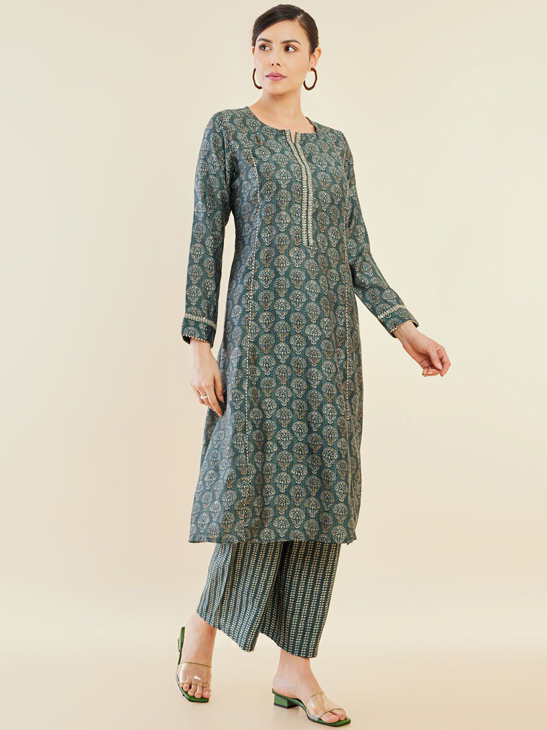 Dhiyona SO Women's Green Ethnic Motifs Printed A-Line Gotta Patti A-Line Kurta With Palazzos