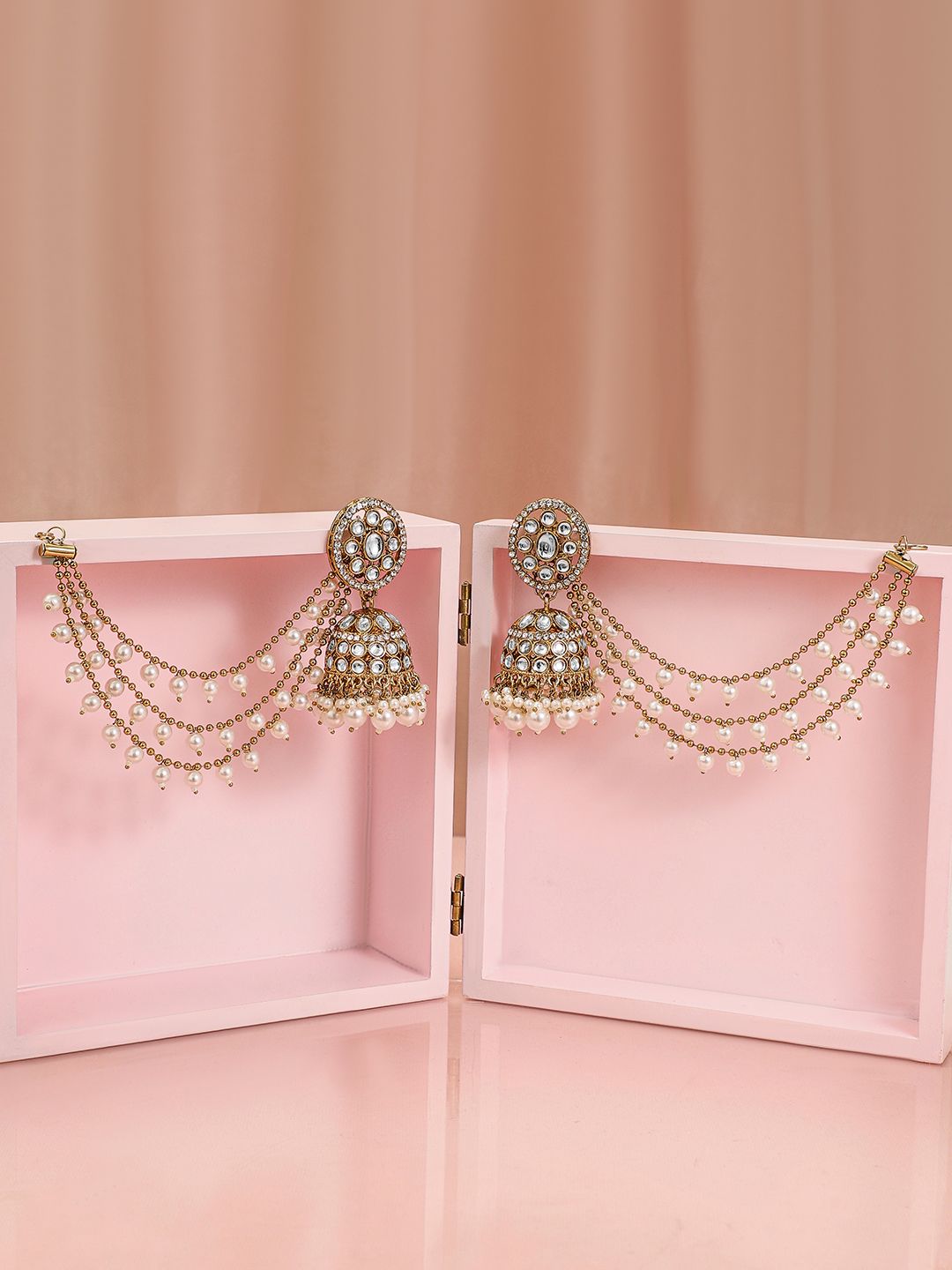 Dhiyona RJ Women's 18K Gold-Plated Kundan & Zirconia Kan Chain Jhumka Earrings with White Pearl Beads