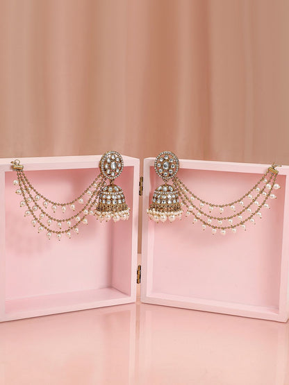 Dhiyona RJ Women's 18K Gold-Plated Kundan & Zirconia Kan Chain Jhumka Earrings with White Pearl Beads