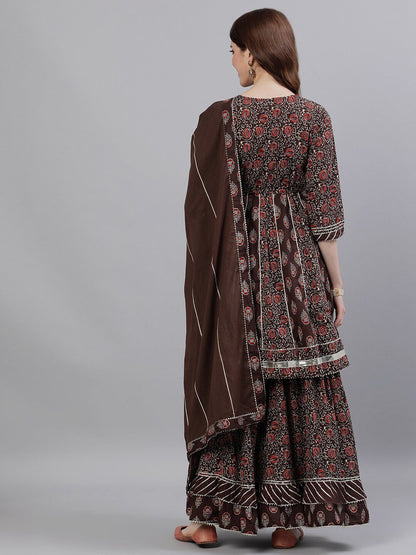 Dhiyona IS Women's Floral Printed Empire Gotta Patti Pure Cotton Kurta with Sharara & With Dupatta