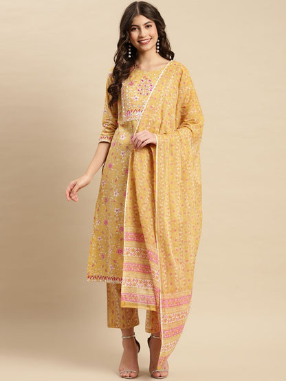 Dhiyona SN Women's Yellow & Pink Floral Printed Pure-Cotton Straight Kurta With Trouser & Dupatta