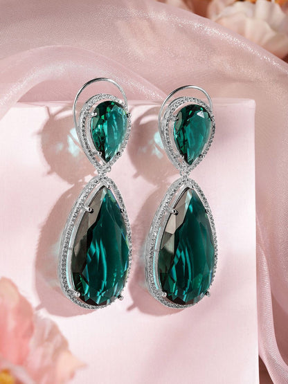 Dhiyona RJ Women's Rhodium-Plated Emerald Green & Cubic Zirconia Studded Premium Drop Earrings
