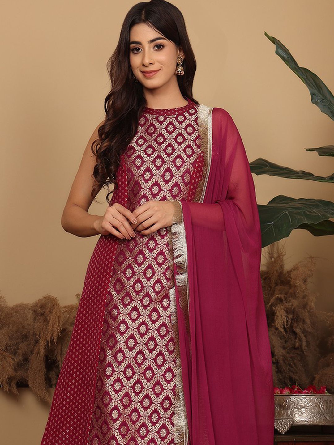 Dhiyona VA Women's Brocade Princess cut A Line Halter Neck Kurta with Trouser & Dupatta