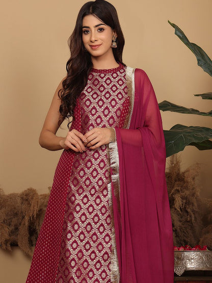 Dhiyona VA Women's Brocade Princess cut A Line Halter Neck Kurta with Trouser & Dupatta