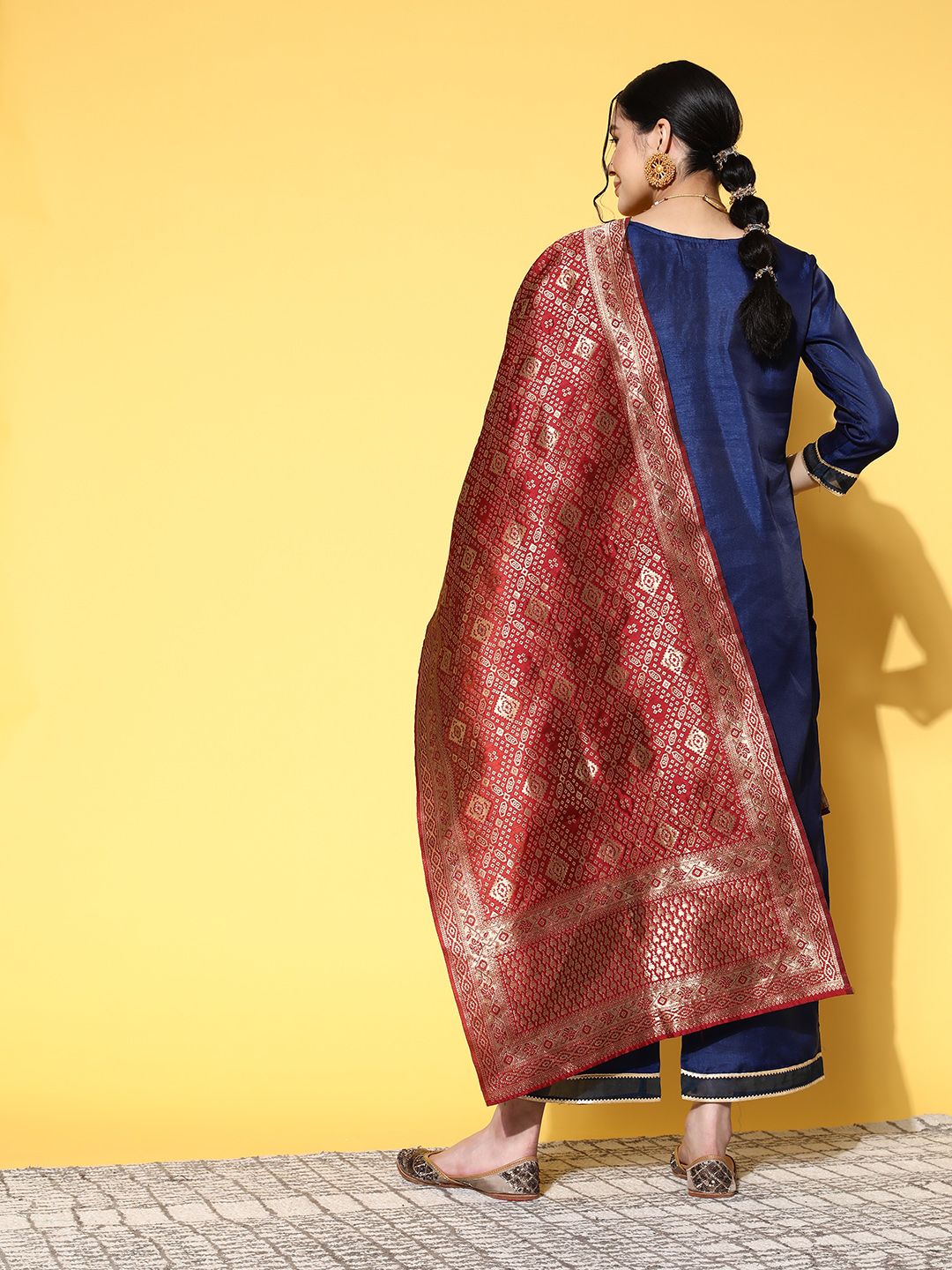 Dhiyona IE Women Navy Blue Ethnic Motifs Woven Design Sequined Kurta with Trousers & Dupatta