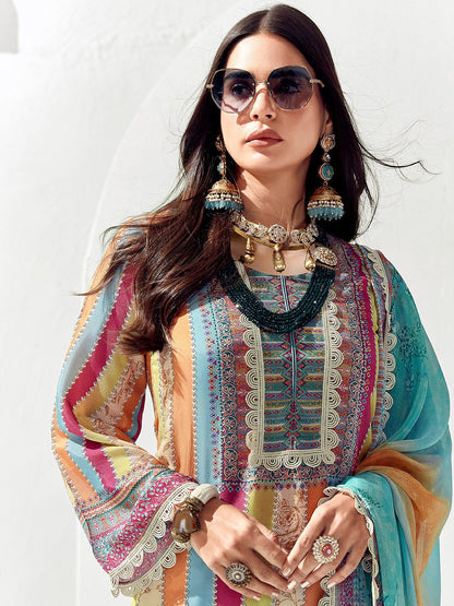 Dhiyona IE Women Ethnic Motifs Printed Regular Thread Work Kurta Trousers With Dupatta