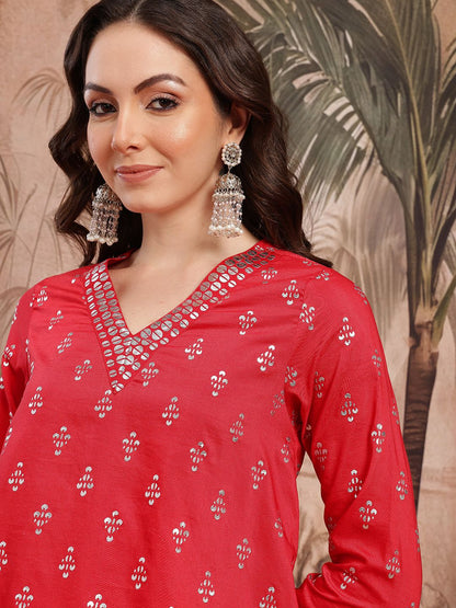 Dhiyona SN Women's Ethnic Motifs Printed with Foil Technique Regular Kurta with Trousers