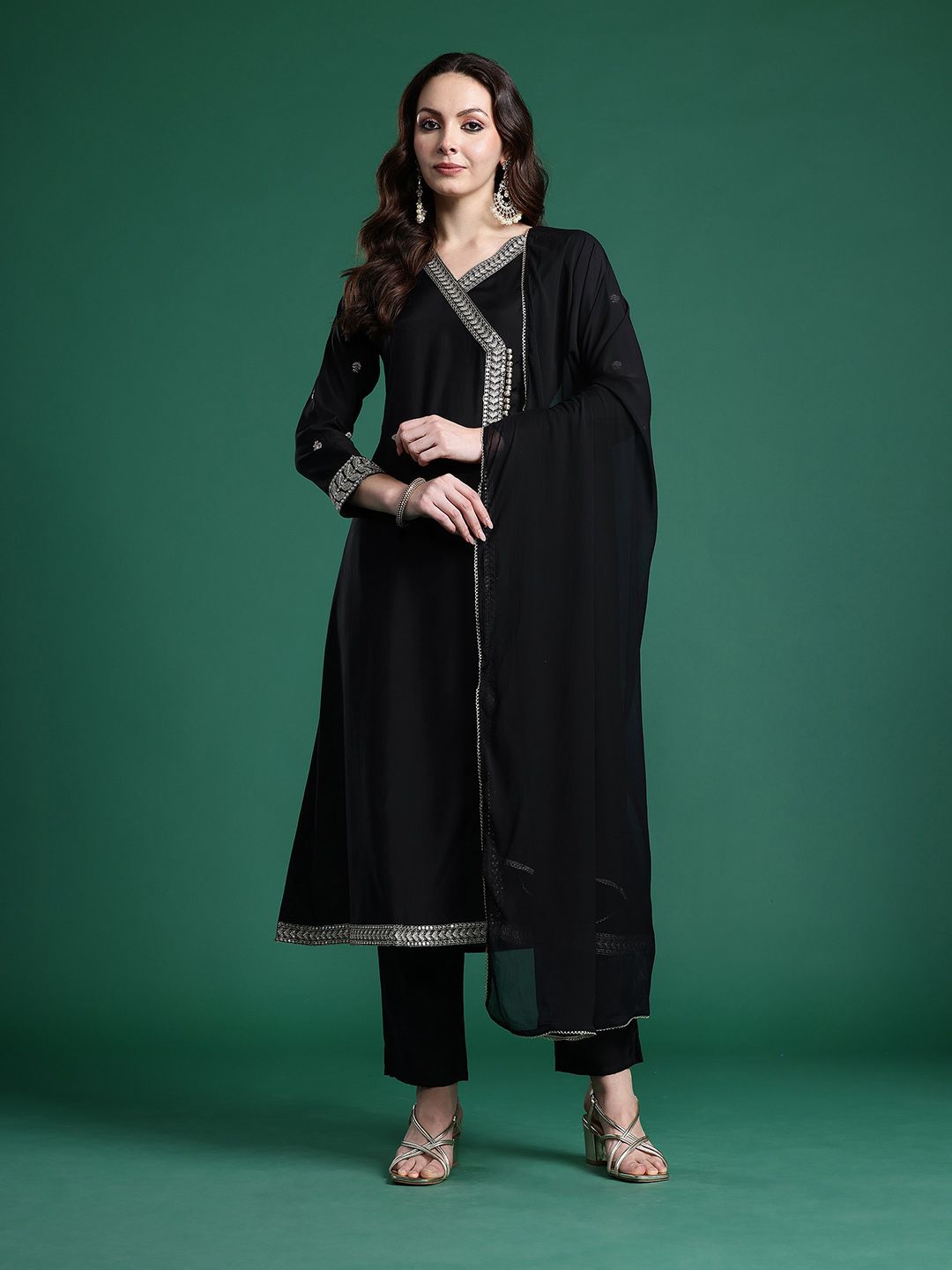 Ethnic Motifs Embroidered Angrakha Kurta with Trousers & Dupatta
