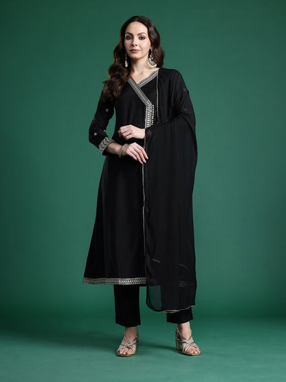 Ethnic Motifs Embroidered Angrakha Kurta with Trousers & Dupatta