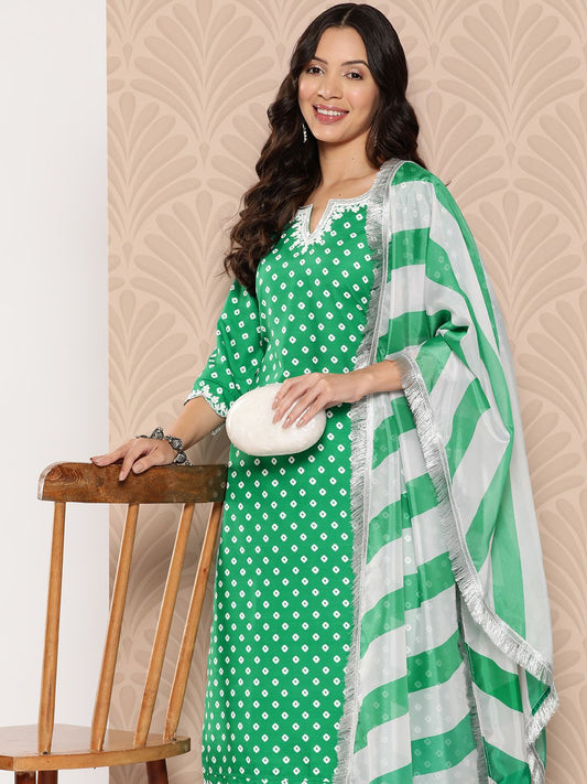 Dhiyona VA Women'sBandhani Printed Sequinned Kurta with Palazzos & Dupatta