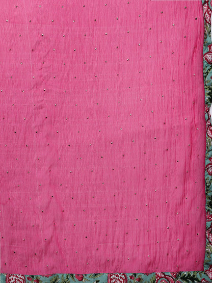 Dhiyona IE Women Floral Printed Mirror Work Pure Cotton Kurta with Trousers & With Dupatta