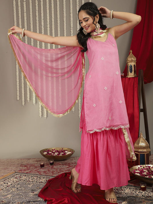 Dhiyona VA Women's Pink Embroidered Sequinned Kurta with Sharara & Dupatta