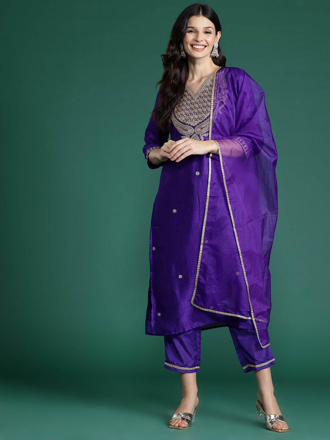 Dhiyona IE Women Ethnic Motifs Embroidered Sequinned Kurta with Trousers & Dupatta